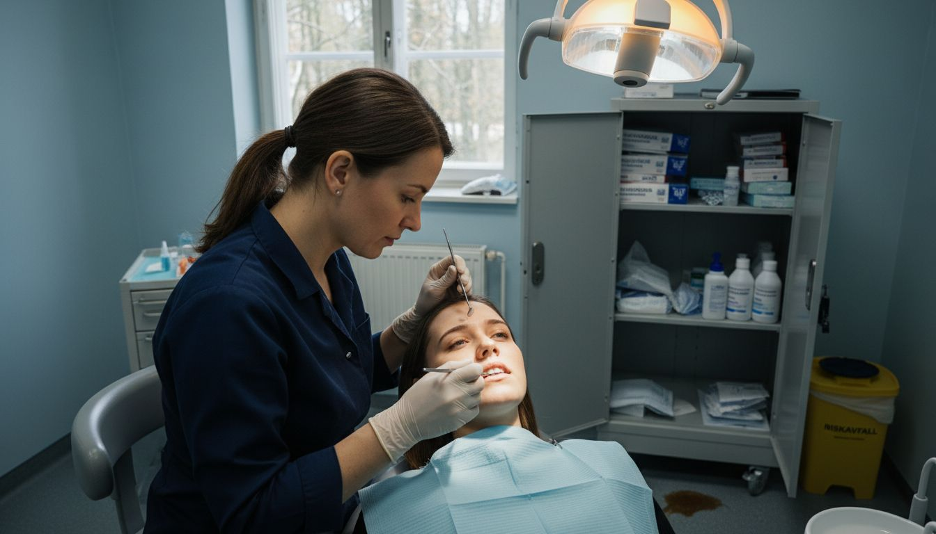 Närbild på tandläkare som granskar en sprucken tand