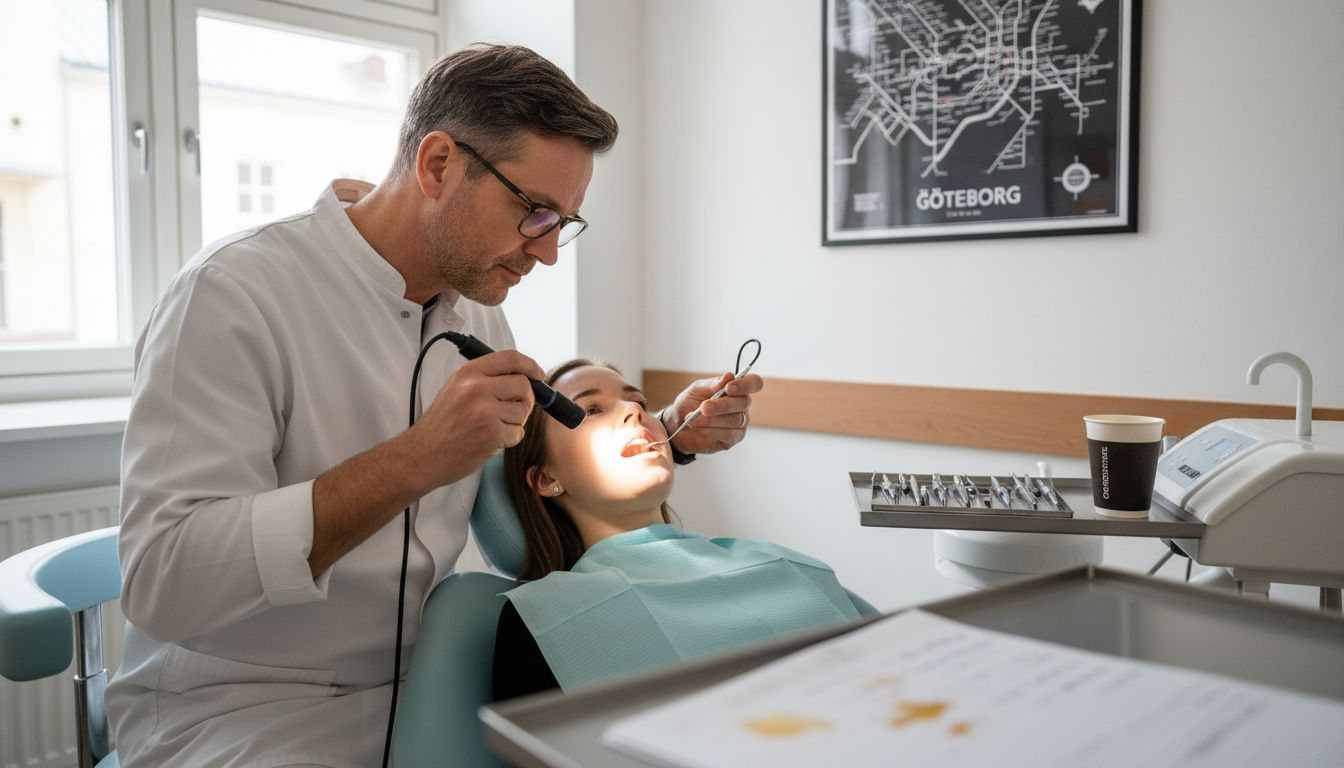 Under konsultationen gör tandläkaren en noggrann undersökning av patientens mun och tänder.