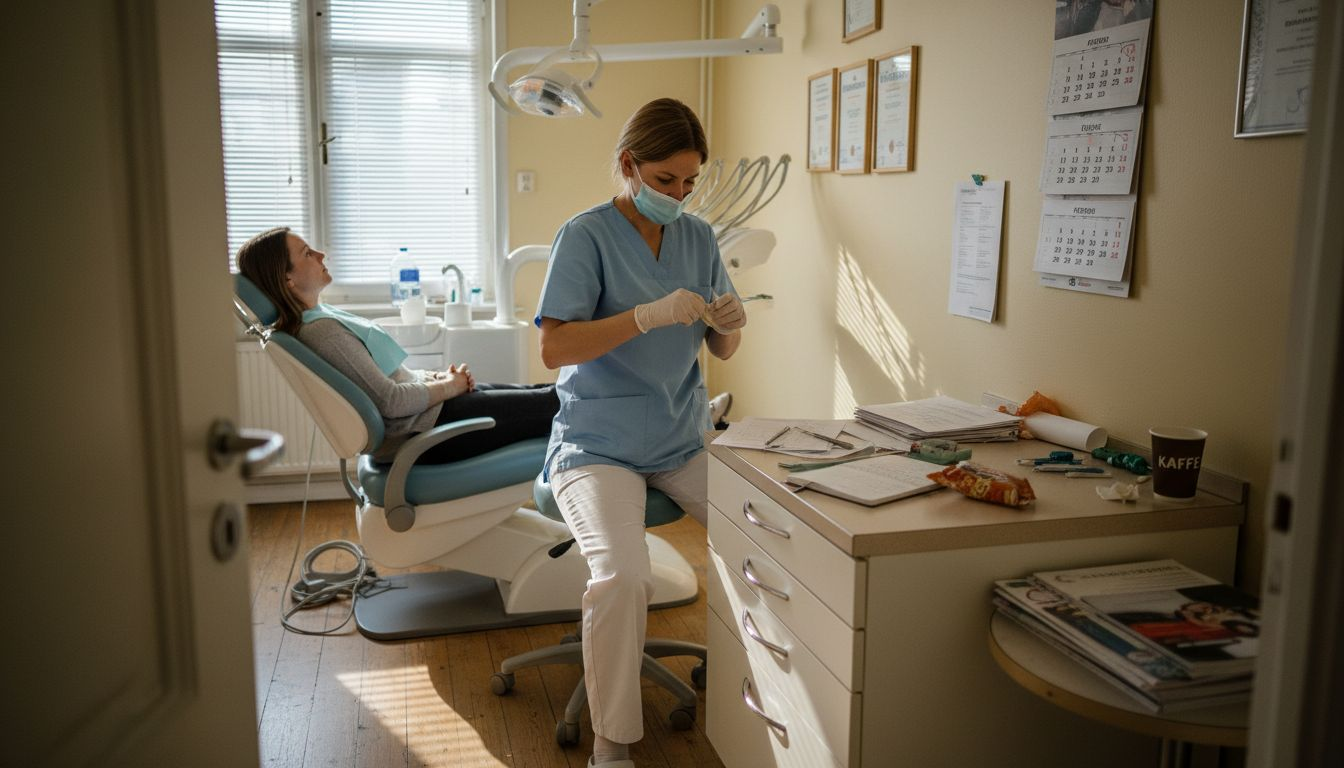 En patient sitter i tandläkarstolen och undersöks.