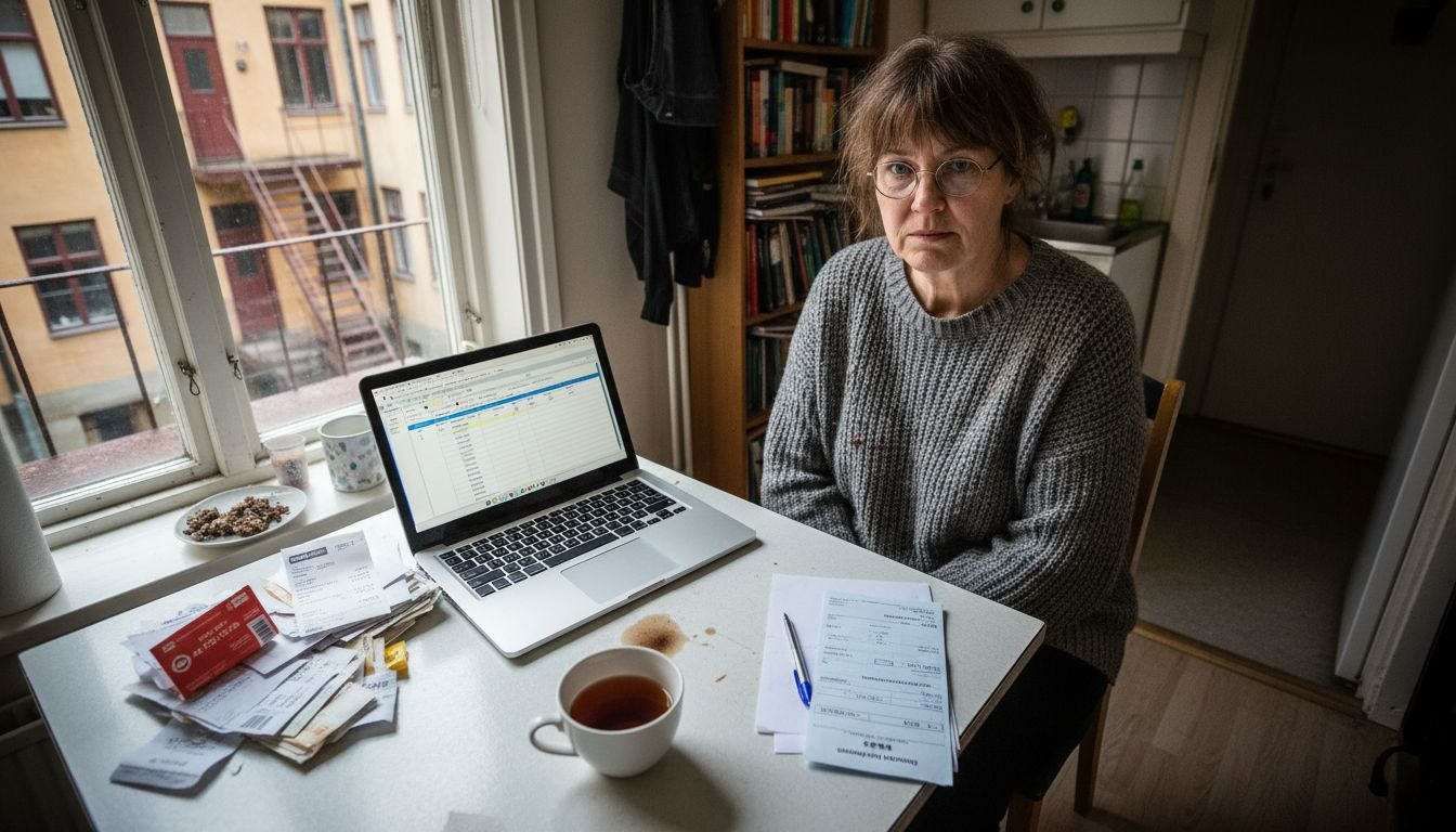 Kvinna sitter vid köksbordet och går igenom sina tandläkarräkningar