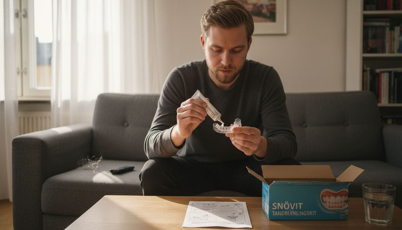 En man förbereder sin hemmagjorda tandskena för tandblekning.