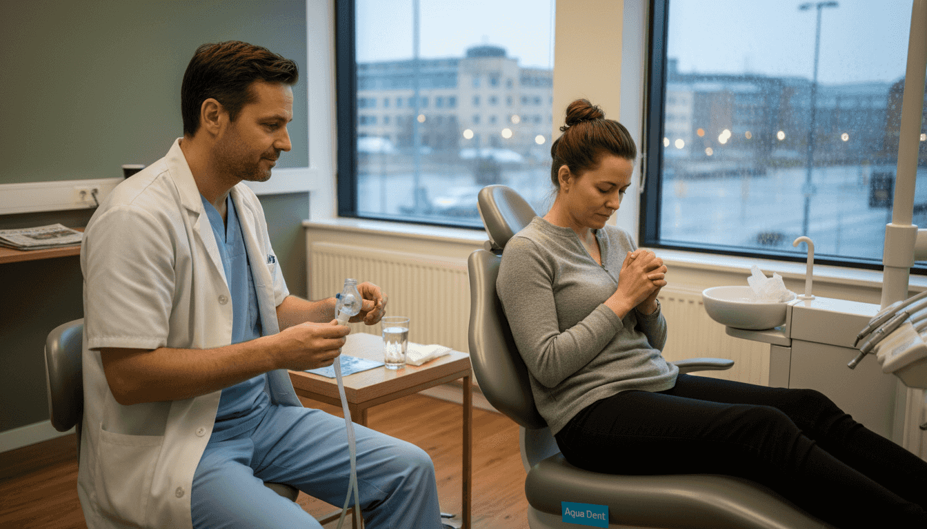 En tandläkare förbereder bedövning för en patient som är lite nervös inför behandlingen.
