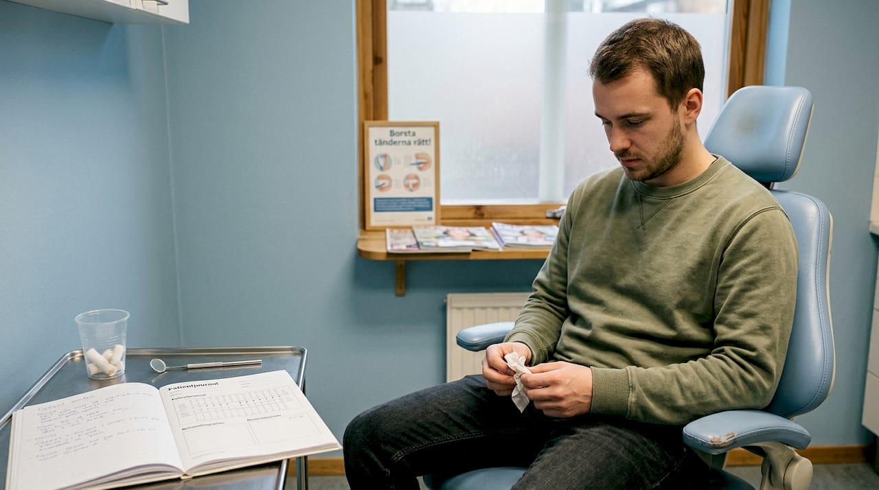 En nervös patient sitter och väntar i väntrummet hos tandläkaren.