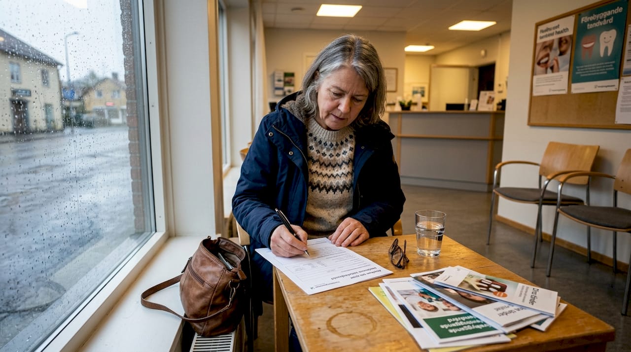 Äldre dam fyller i ansökningsblankett för tandvård på mottagningen.