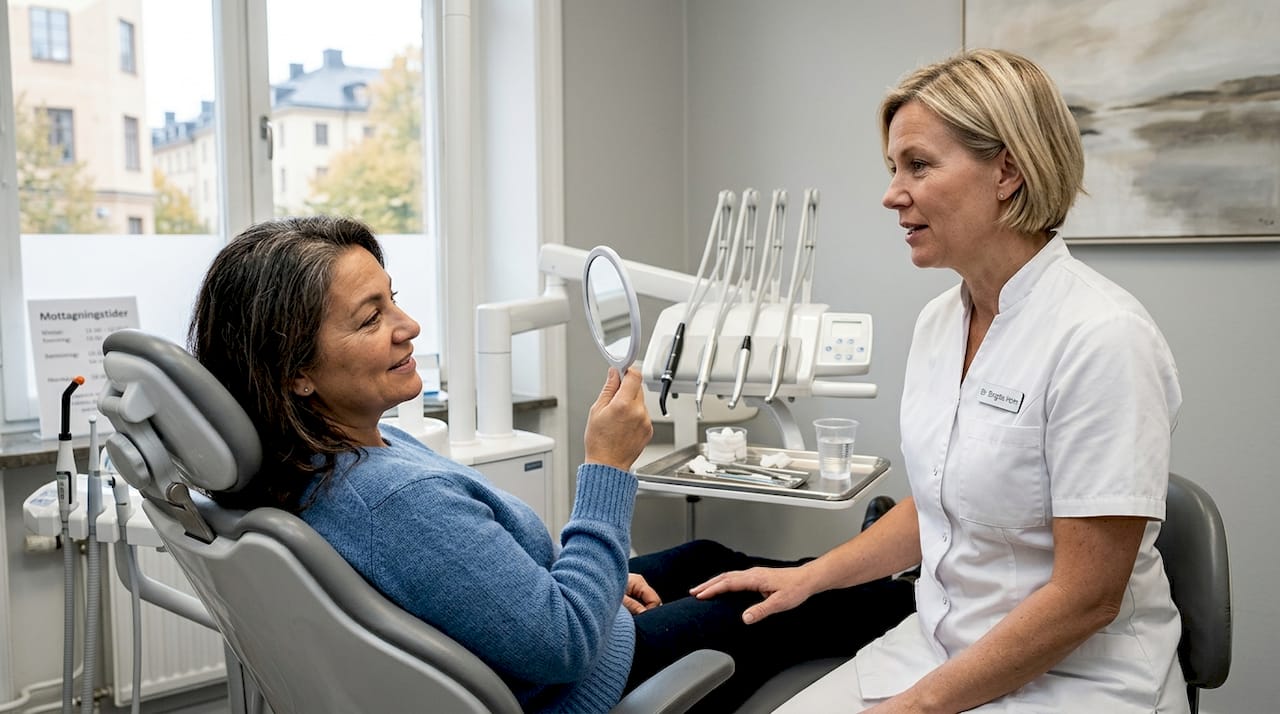 Patienten får se sitt nya leende i spegeln hos tandläkaren