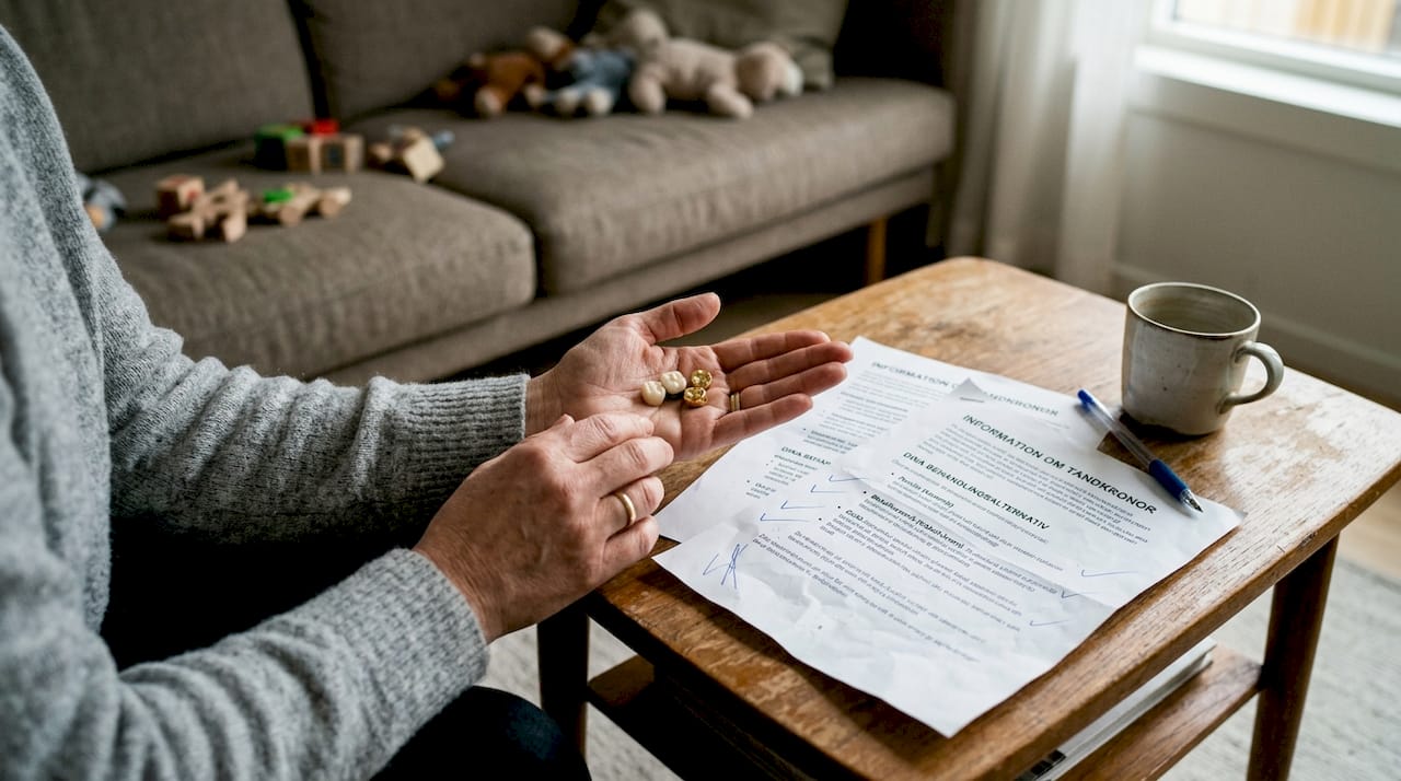 Flera olika tandkronor ligger utspridda på vardagsrumsbordet.