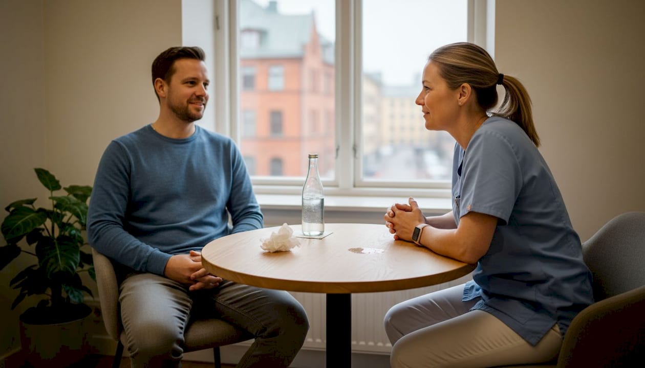 Tandläkaren och patienten pratar med varandra inne i behandlingsrummet.