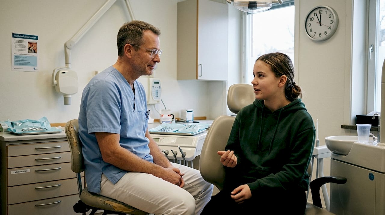 Tandläkaren lyssnar uppmärksamt på patienten under behandlingen.