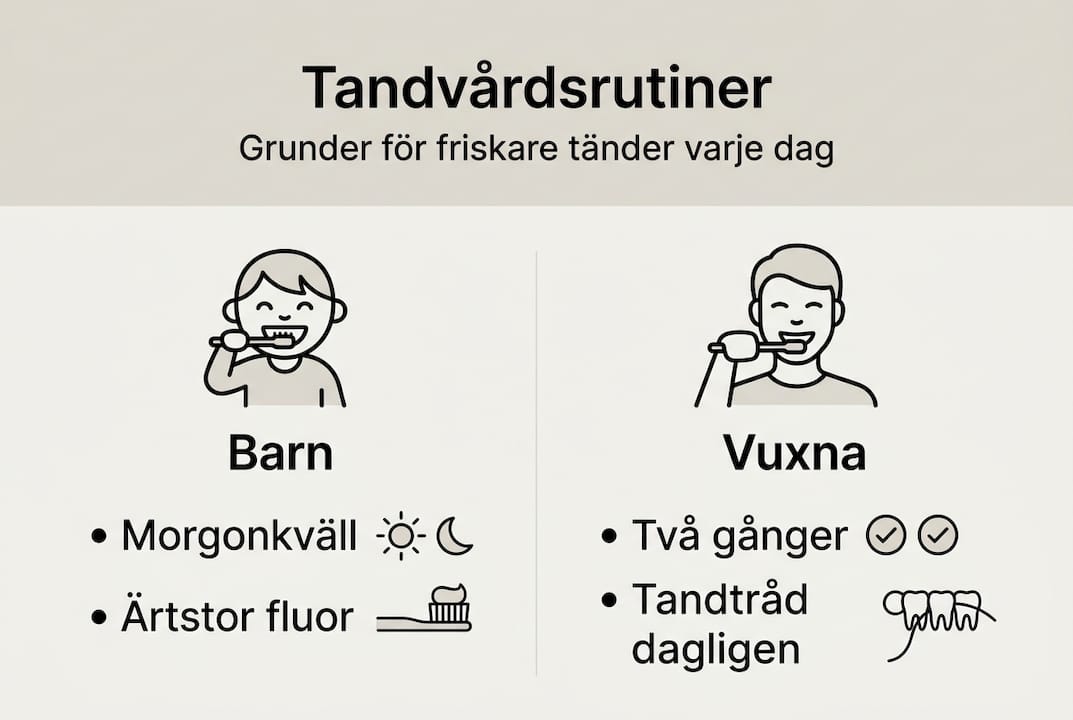 Illustration som visar bra tandvårdsrutiner för både barn och vuxna