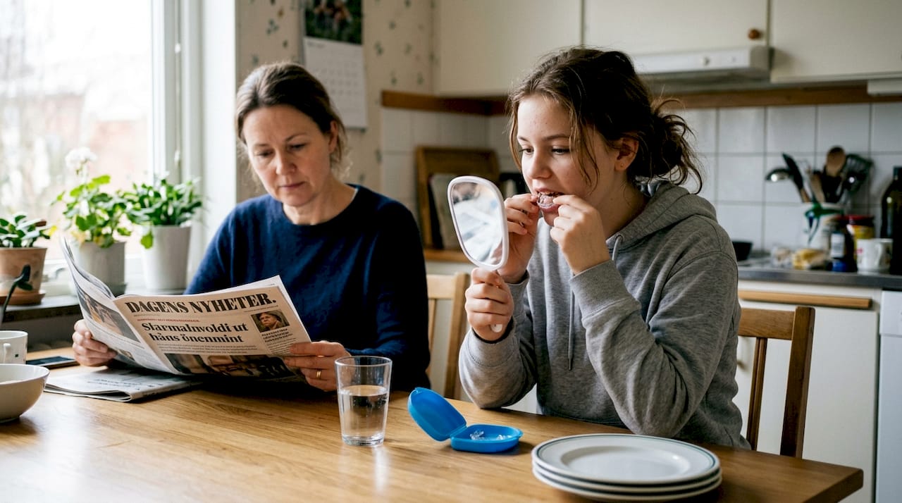 En ungdom står i köket och kollar så att tandställningen sitter som den ska.