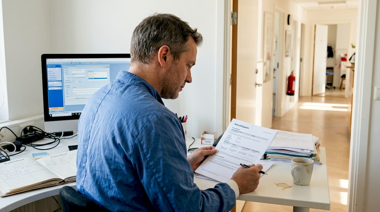 Tandläkaren går igenom behandlingsplanen vid sitt skrivbord