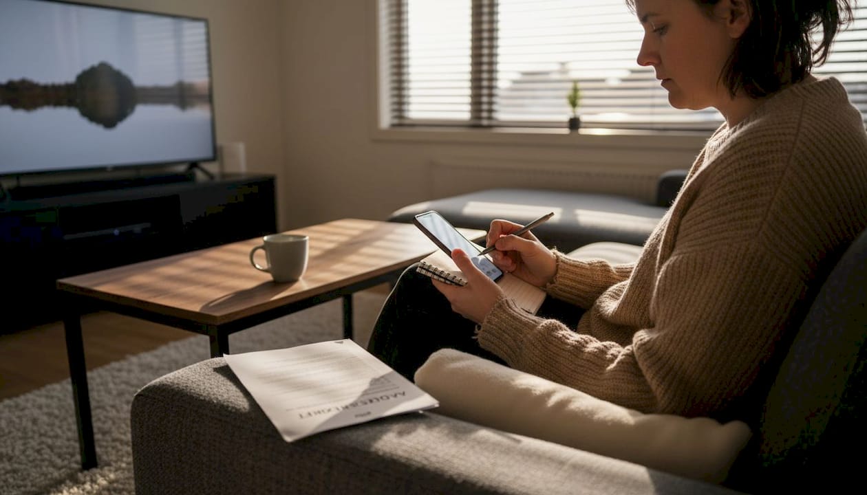 En person skriver ner sina besvär och symptom från tänderna hemma.