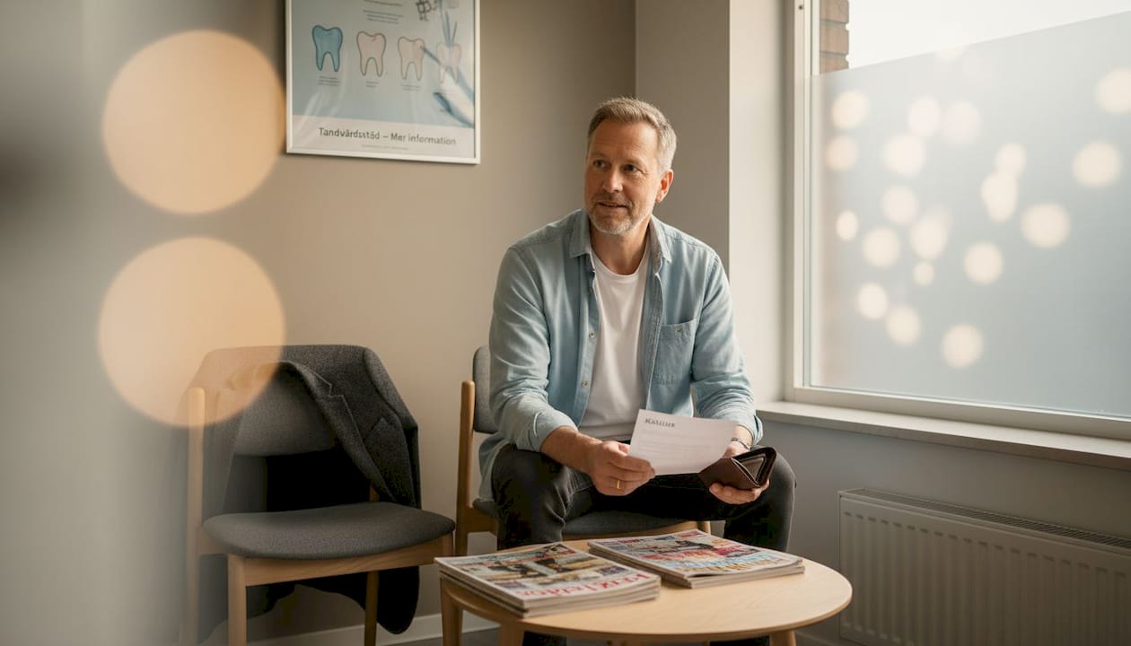 Patient i väntrummet – informationsblad om tandvårdsstöd finns att ta del av