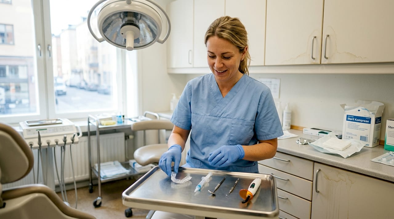 Tandhygienisten förbereder blekningsskedar och utrustning inför behandlingen.