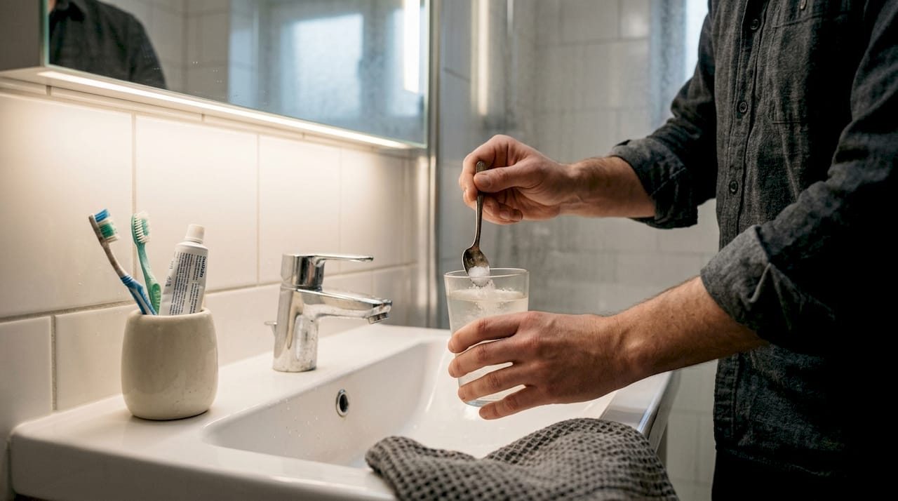 En man står vid handfatet i badrummet och blandar en saltvattenslösning.