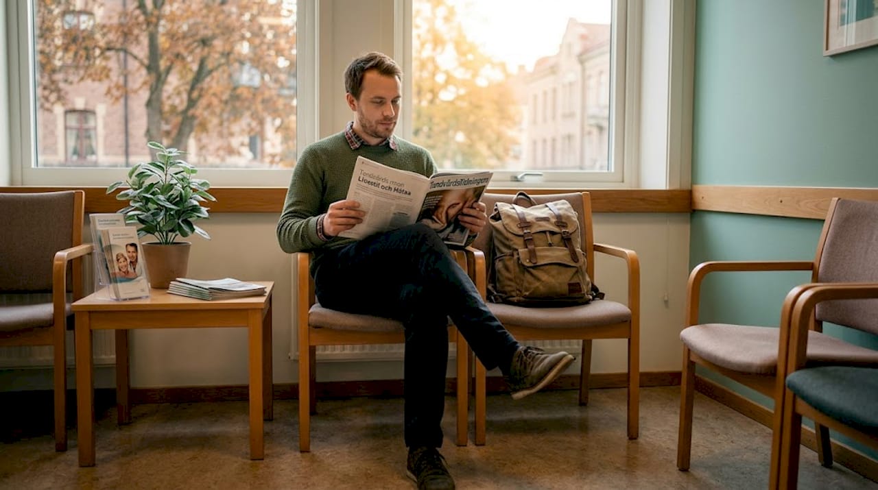 Man sitter och väntar i väntrummet hos tandläkaren.