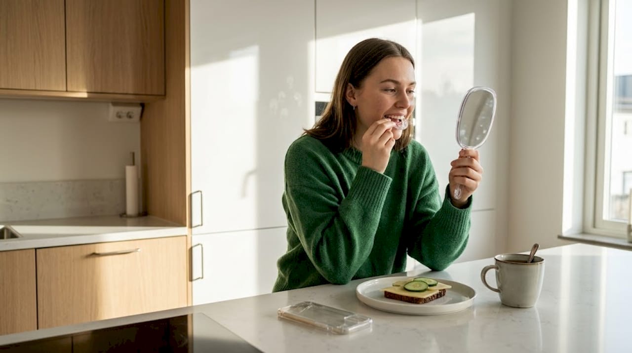 Kvinna tar av sin osynliga tandställning i lugn och ro hemma