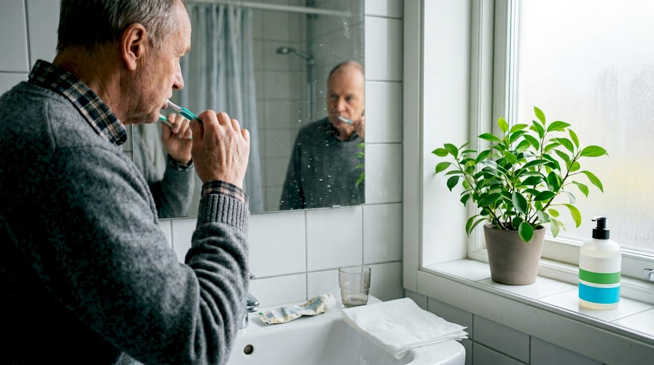 Tänderna borstas oftast i det vanliga badrummet hemma.
