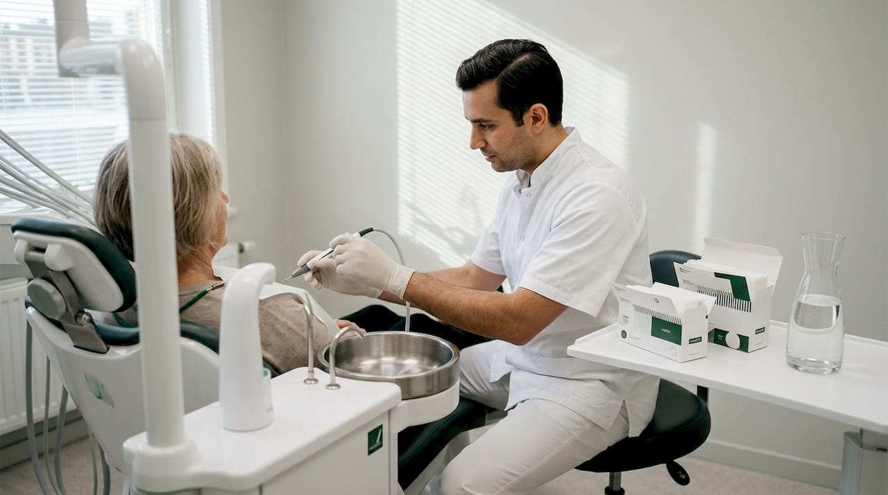 En tandhygienist avlägsnar tandsten under en undersökning.