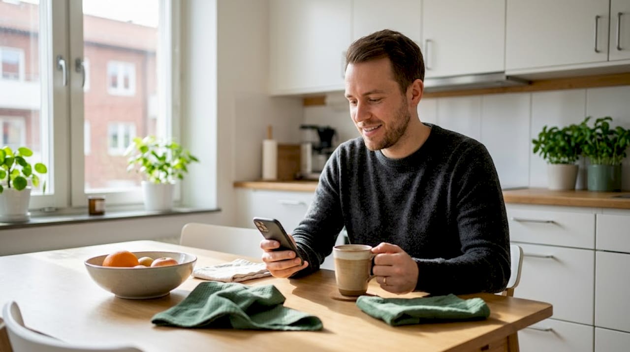 En vuxen som sitter vid köksbordet med sin Invisalign i munnen