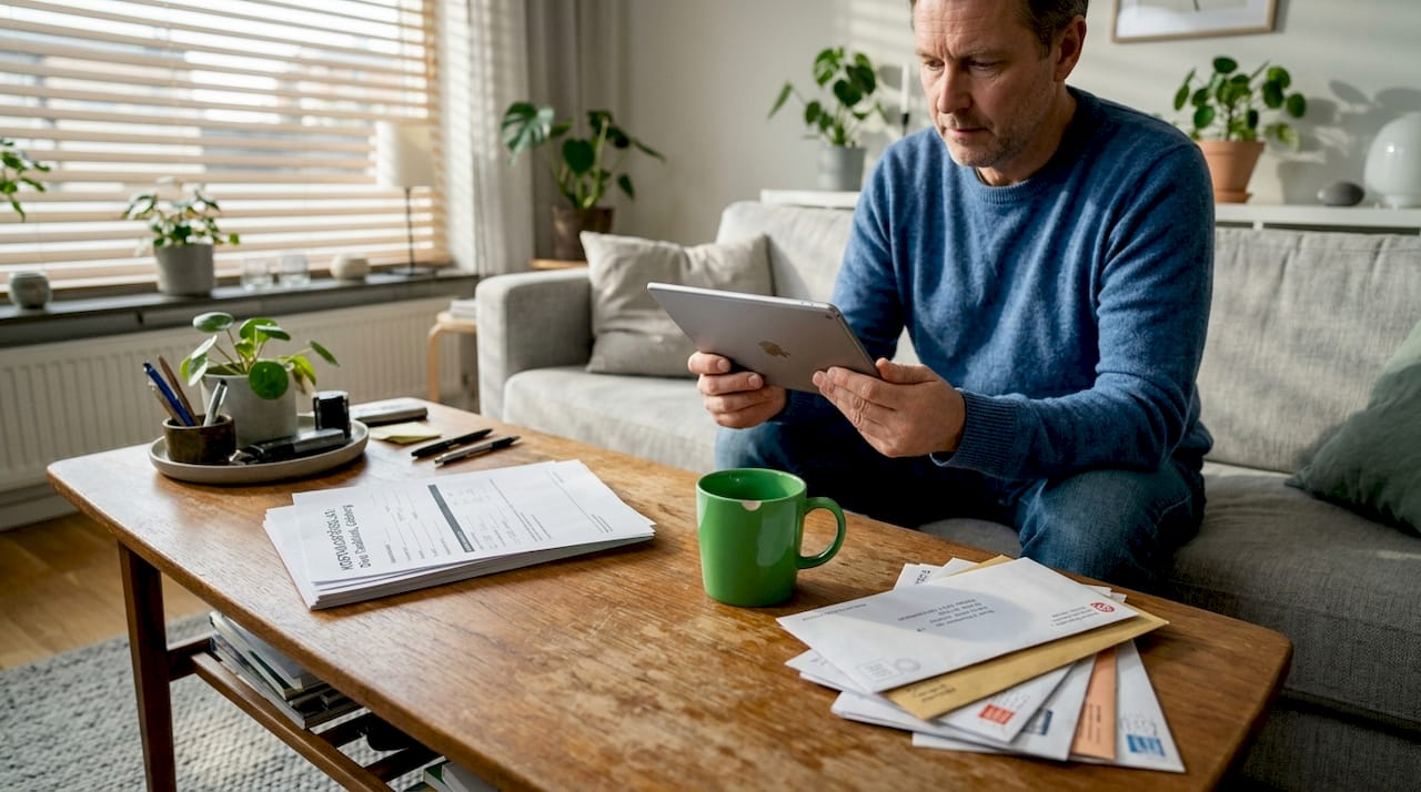 En man sitter och ansöker om tandvårdsfinansiering på sin surfplatta.
