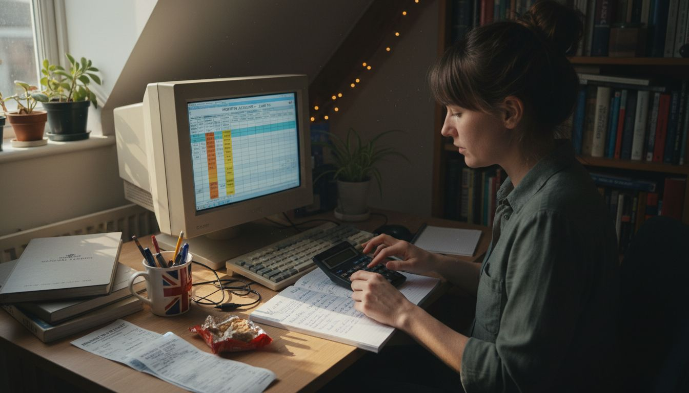 Woman calculating profit at attic office desk