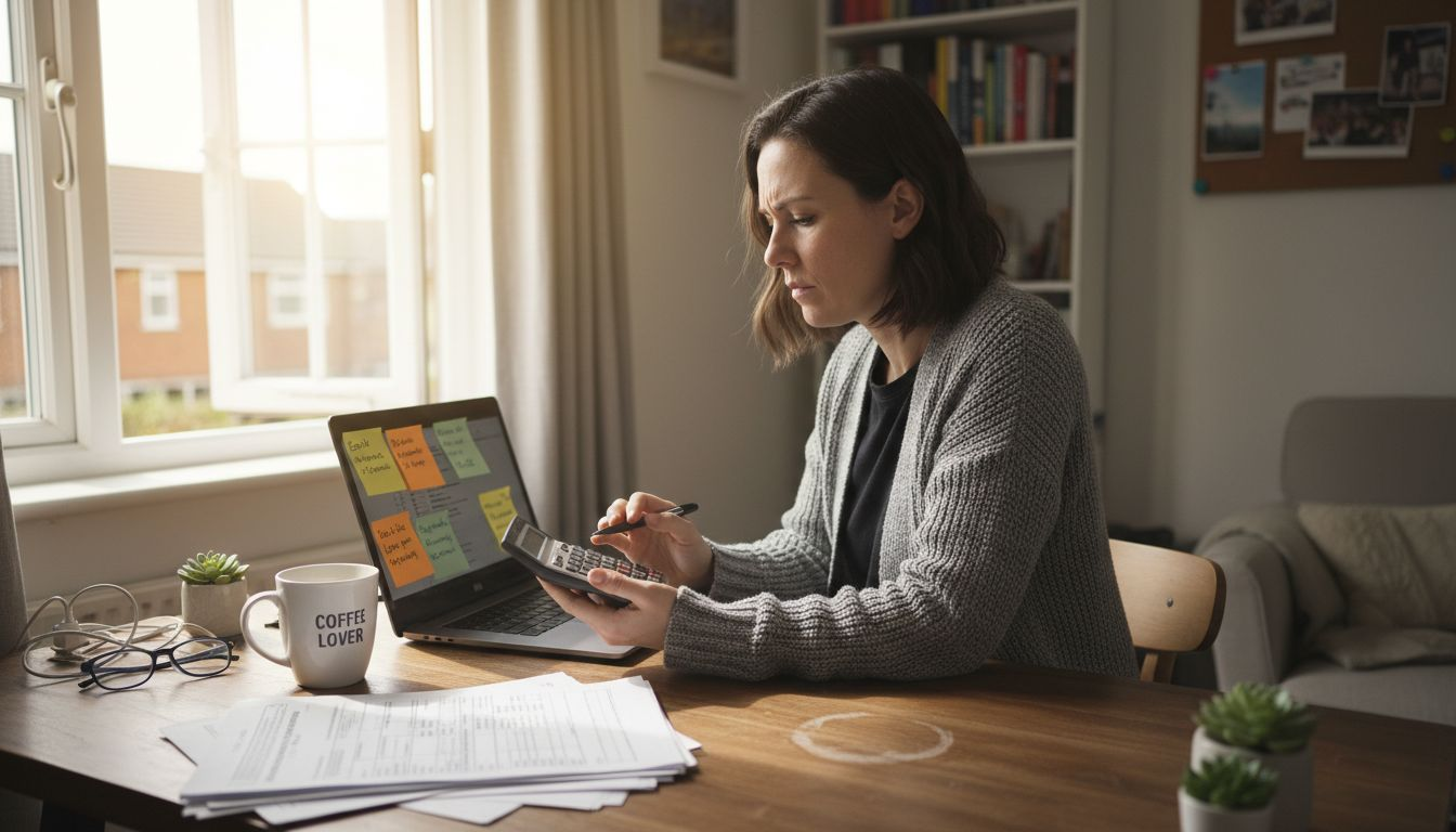 Woman calculating self-employment tax at desk