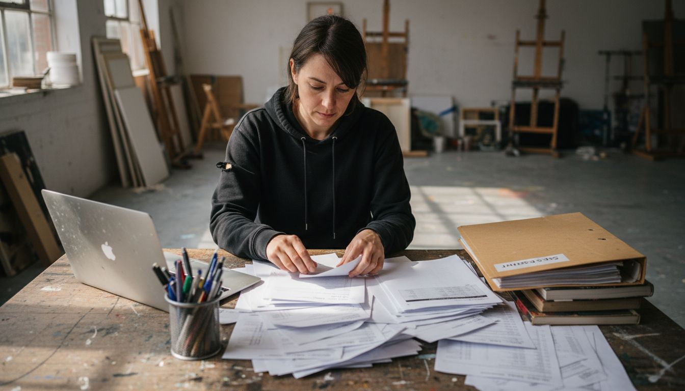 Freelancer organizing tax paperwork at desk