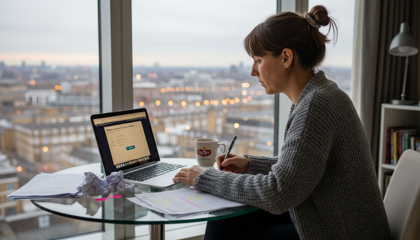 Woman submitting tax return online at dining table