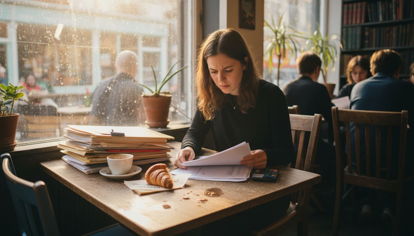 Reviewing profit paperwork in café setting