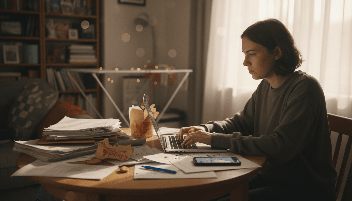 Freelancer working on tax paperwork at home