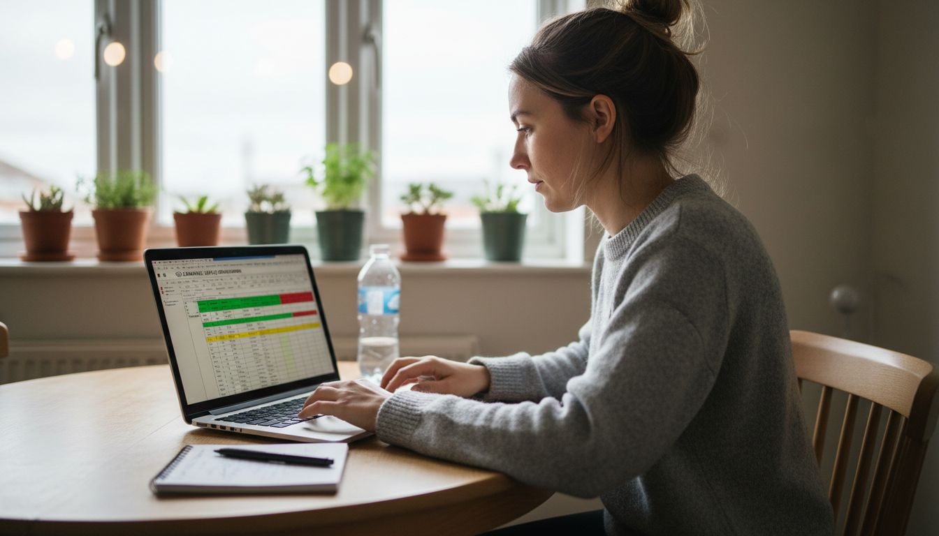 Woman checking freelance income on laptop spreadsheet