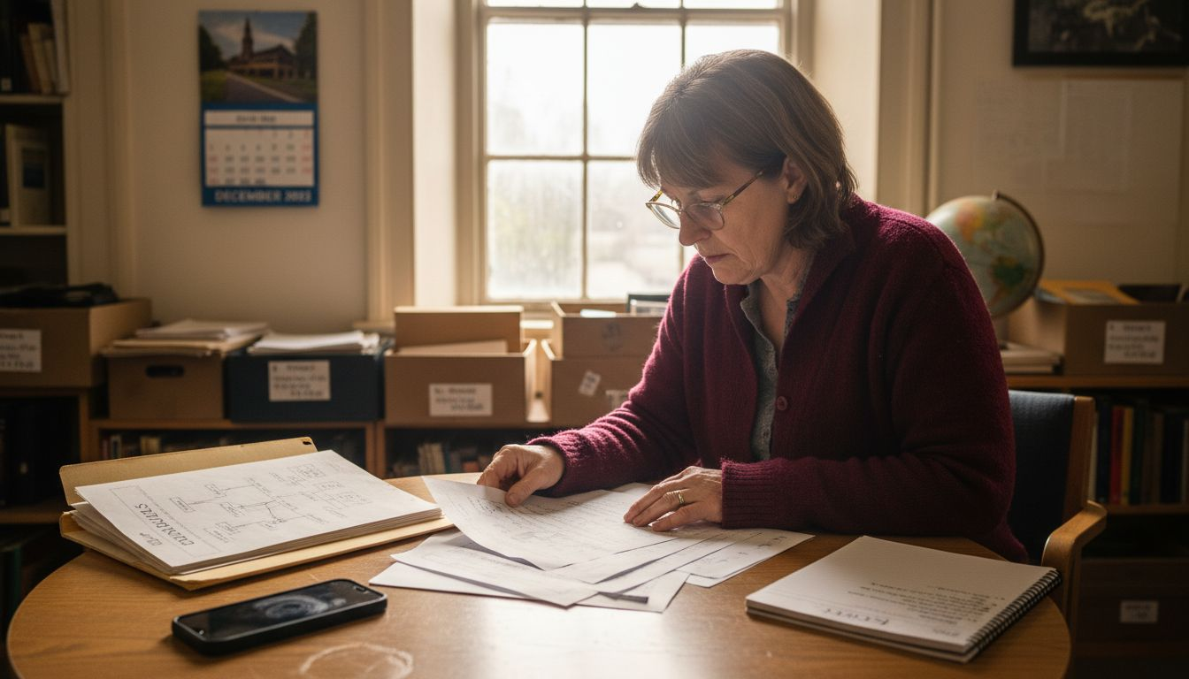 Woman reviewing family address search printouts