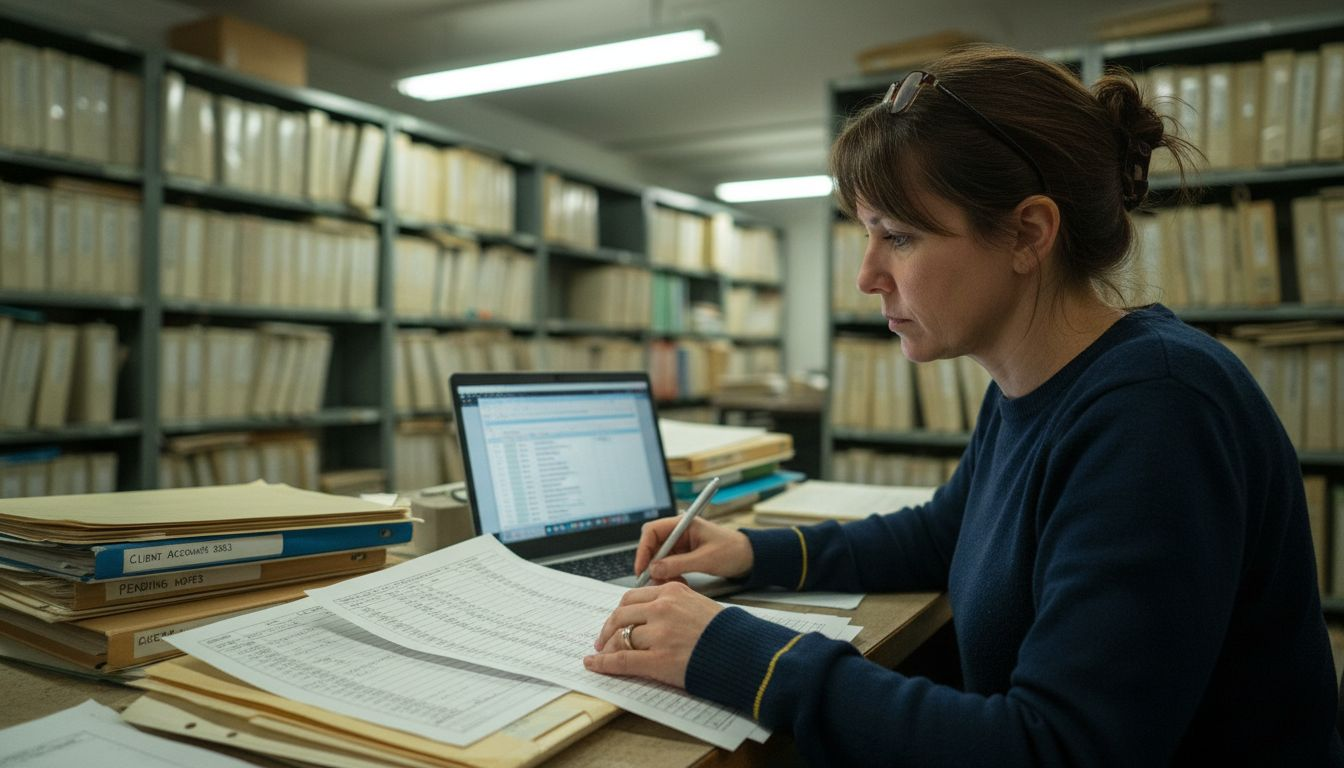 Woman cross-referencing addresses in records room