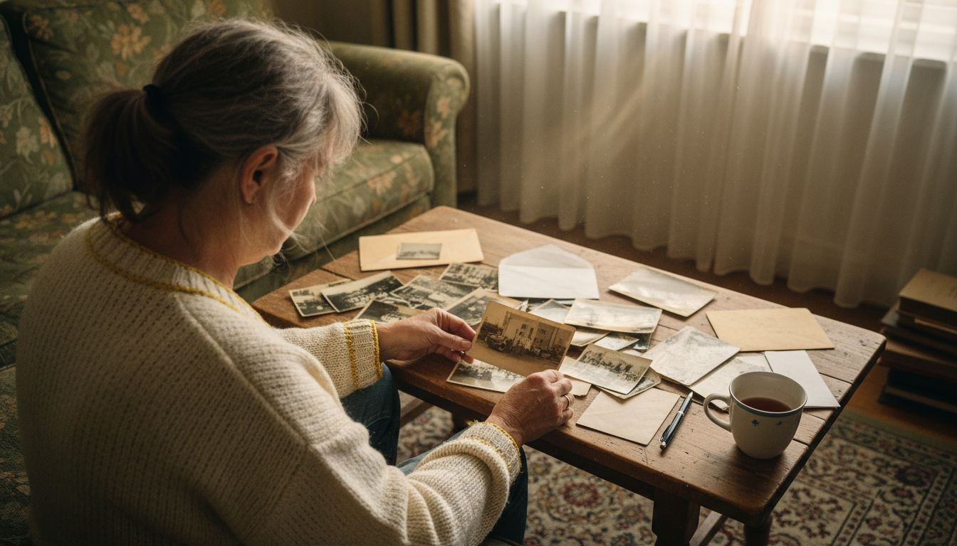 Woman reviewing old photos for family connections