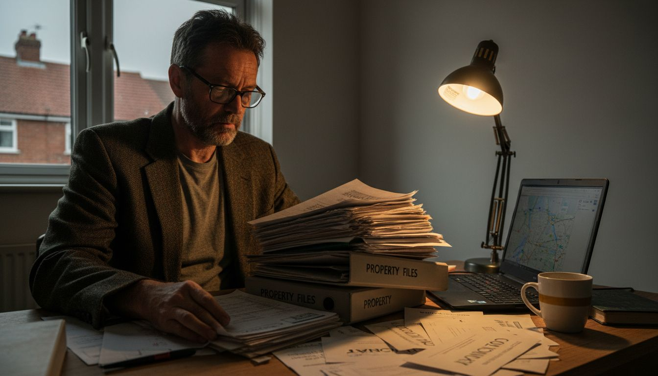 Investigator reviewing property records at cluttered desk