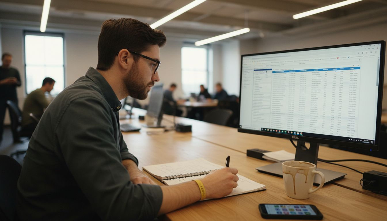 Analyst comparing public records on computer