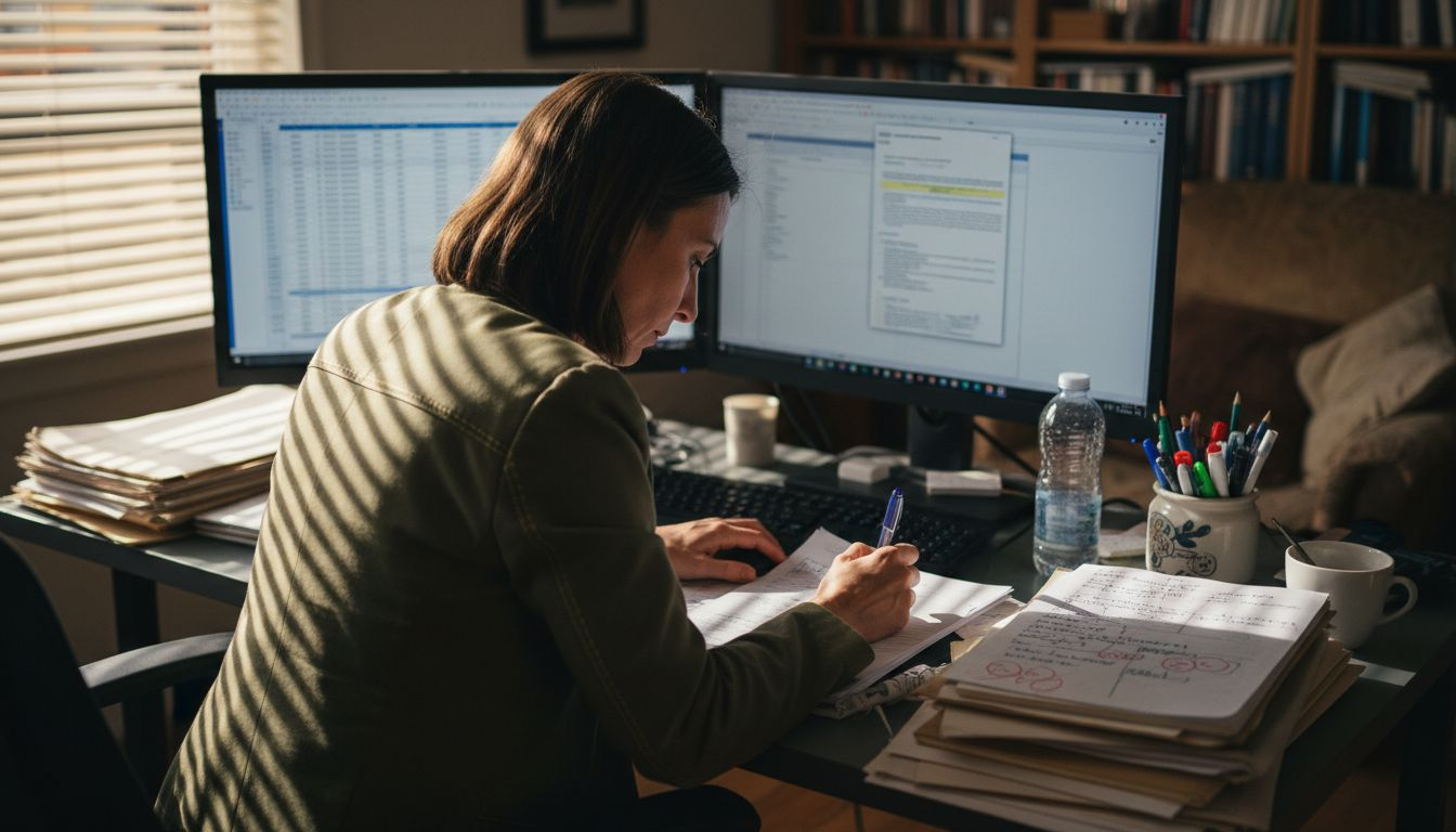 Woman reviewing tracing documents at computer workstation