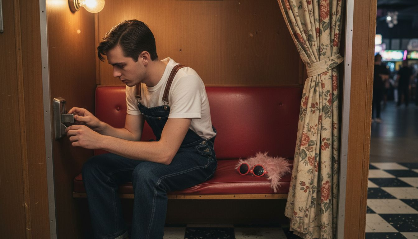 Wooden photo booth interior with retro details