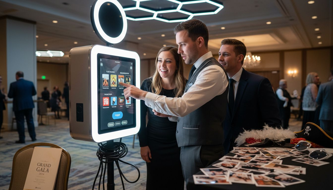 Attendant showing touchscreen photo booth features
