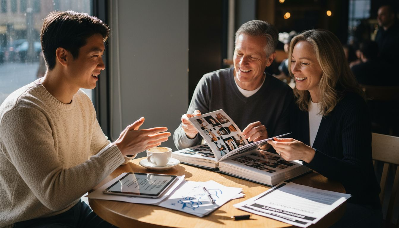 Couple consulting photo booth provider in café