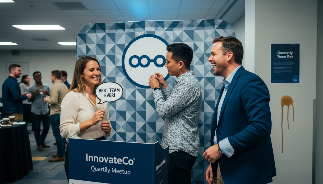 Coworkers gathered at branded selfie station