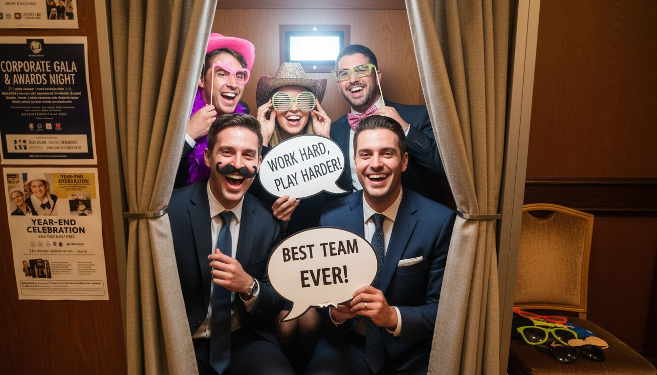 Colleagues using enclosed photo booth with props