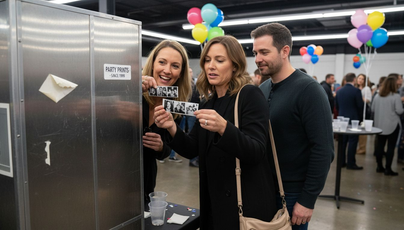 Friends looking at photo booth print strips