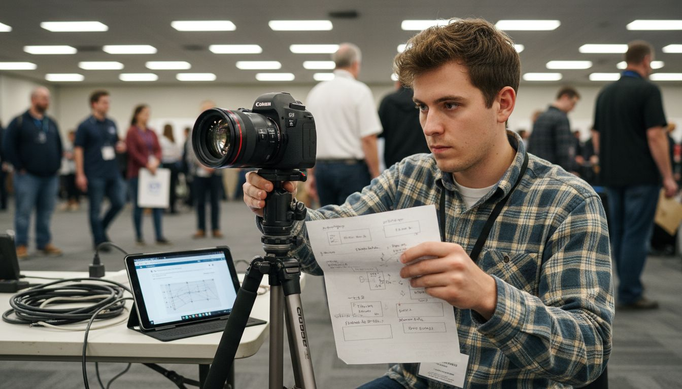 Technician mounts camera in photo booth setup