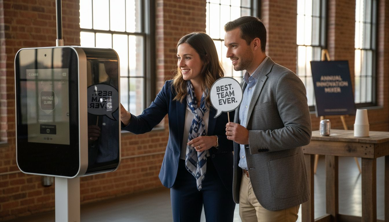 Colleagues using photo booth at corporate event