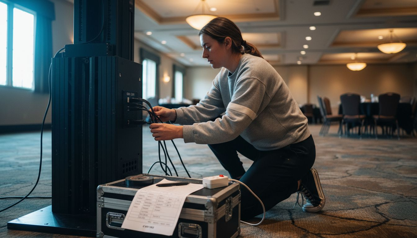 Technician connecting photo booth equipment cables