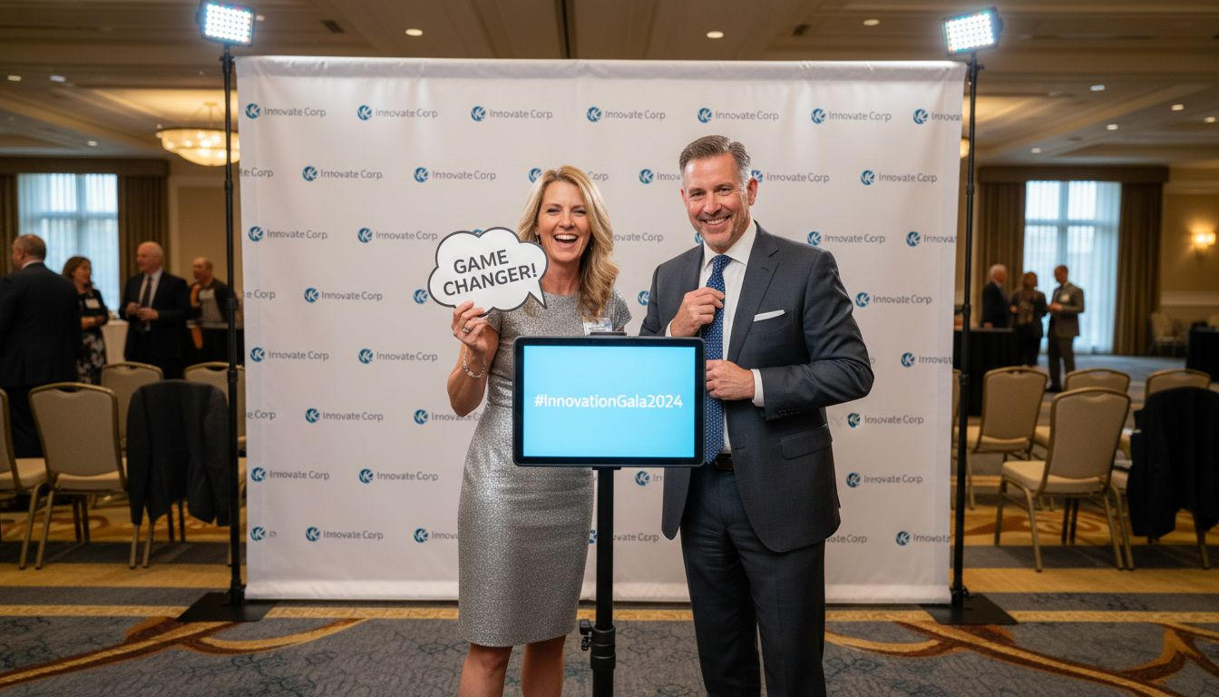 Colleagues posing in branded event photo booth
