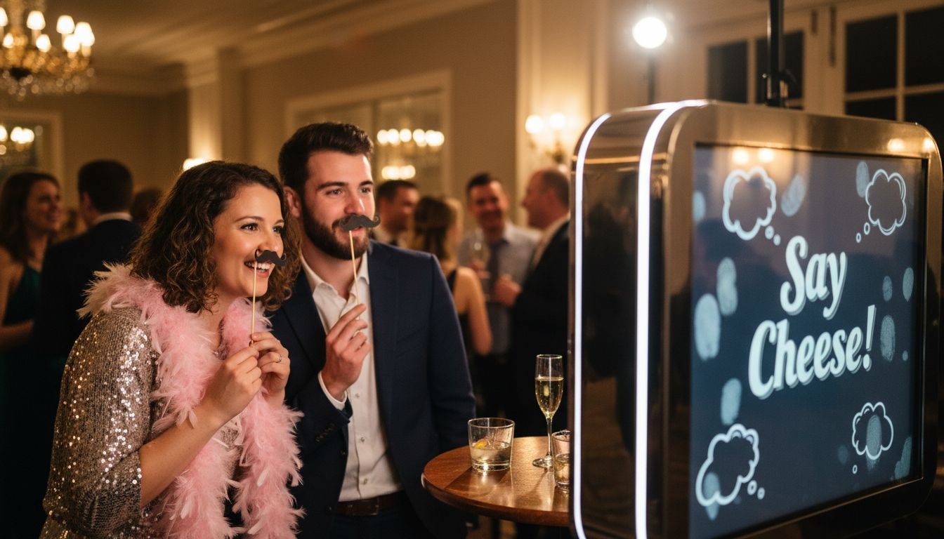 Couple using interactive mirror photo booth
