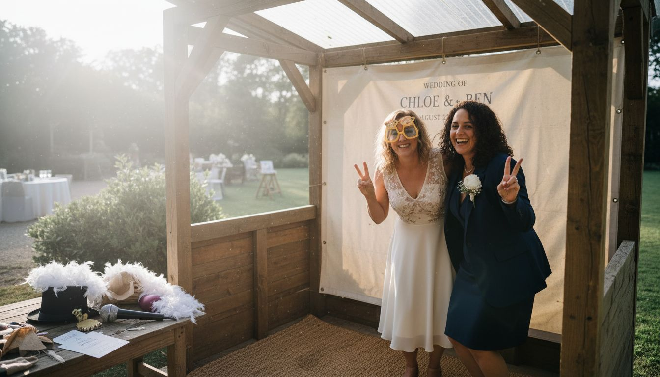 Group posing and using photo booth props